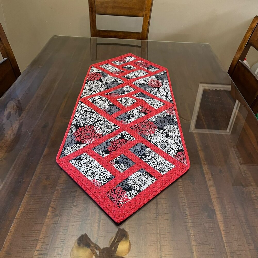 Handmade Quilted Table Runner Red Black White Geometric Patchwork 16x45 Used